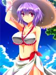  1girl adapted_costume arm_up bare_shoulders bikini bikini_skirt blue_sky breasts cleavage clouds hat highres large_breasts looking_at_viewer midriff nagae_iku navel nekominase purple_hair sky solo straw_hat swimsuit touhou tree violet_eyes white_bikini white_swimsuit wrist_ribbon 