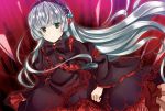  1girl bangs blunt_bangs bow dress flower frills gosick gosick_red green_eyes hisaori_riko lolita_fashion long_hair long_sleeves looking_at_viewer parted_lips red_background ribbon silver_hair solo standing very_long_hair victorica_de_blois 