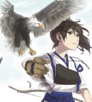 1girl bird bow_(weapon) brown_hair eagle feathers gloves hair_ribbon kaga_(kantai_collection) kantai_collection muneate re-19 ribbon side_ponytail solo weapon yellow_eyes 