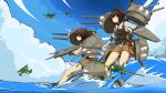  2girls absurdres airplane brown_hair clouds cowinsky highres hyuuga_(kantai_collection) ise_(kantai_collection) kantai_collection multiple_girls ocean personification ponytail sky vehicle 