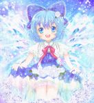  1girl alternate_costume blue_dress blue_eyes blue_hair bow cirno daiso dress flower hair_bow hair_ribbon open_mouth ribbon rose skirt skirt_lift smile solo tagme touhou traditional_media wings 