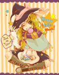  1girl blonde_hair boots bow braid candy capelet crossed_legs english grin hair_bow halloween hand_on_headwear hat indian_style kirisame_marisa lollipop long_hair one_eye_closed ribbon scarf sitting smile solo star striped striped_background sweets touhou trick_or_treat wink witch_hat witoi_(roa) yellow_eyes 