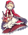  1girl absurdres apple artist_request basket blonde_hair bottle bread character_request closed_eyes food fruit gloves hand_to_head highres hood layered_dress open_mouth red short_hair simple_background solo white_gloves 