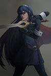  1girl blue_eyes blue_hair cape fingerless_gloves fire_emblem fire_emblem:_kakusei gloves hair_between_eyes long_hair lucina nintendo sword weapon 