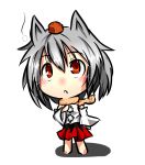 1girl animal_ears bare_shoulders blush chibi detached_sleeves hat highres inubashiri_momiji looking_up open_mouth pom_pom_(clothes) red_eyes scarf shirt short_hair silver_hair skirt snow solo tokin_hat touhou white_shirt wolf_ears 