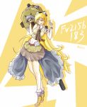  1girl ;d asymmetrical_clothes blonde_hair bow breasts cannon fv215b_183 gloves hair_bow highres huge_weapon long_hair midriff navel naxxnoi one_eye_closed open_mouth personification shoes signature skirt smile socks solo tiptoes weapon wink world_of_tanks yellow_eyes 
