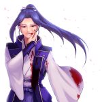  1boy assassin_(fate/stay_night) blood blood_on_face blue_hair fate/stay_night fate_(series) highres japanese_clothes long_hair ponytail rizen_(rijernitz) solo 