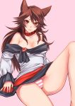 1girl animal_ears bare_legs bare_shoulders blush breasts brooch brown_hair cleavage collar fang imaizumi_kagerou jewelry long_hair long_sleeves panties pink_background red_eyes simple_background solo striped striped_panties touhou underwear wide_sleeves wolf_ears 