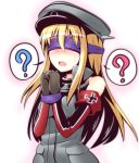  1girl armband bare_shoulders bismarck_(kantai_collection) blindfold blonde_hair blush bound_wrists bust hat ichimi kantai_collection long_hair open_mouth solo 