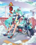  1girl 39 absurdres boots cgiftrsnut clouds dress electric_guitar frown green_eyes green_hair guitar hatsune_miku headphones headphones_around_neck highres instrument long_hair motor_vehicle motorcycle railing sign sky solo thumbs_down twintails vehicle very_long_hair vocaloid watch 