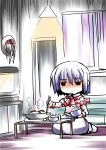 1girl capelet chibi chopsticks flat_gaze hat hat_removed headwear_removed hemogurobin_a1c nagae_iku purple_hair rice rice_bowl seiza short_hair sitting skirt solo touhou