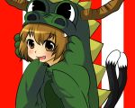 1girl :d animal_costume brown_eyes brown_hair cat_tail chen dragon_costume hand_to_own_mouth multiple_tails okaken open_mouth short_hair smile tail touhou two_tails 