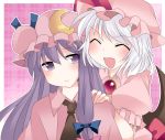  2girls ^_^ bat_wings blush bow closed_eyes crescent hair_bow hammer_(sunset_beach) hat long_hair multiple_girls open_mouth patchouli_knowledge pink_background purple_hair remilia_scarlet short_hair touhou violet_eyes white_hair wings 