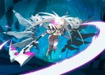  1girl :o akito1179 bikini_top black_rock_shooter boots fighting_stance glowing glowing_eyes holding_weapon jacket long_hair long_sleeves mechanical_wings midriff navel open_mouth red_eyes scythe shorts solo thigh-highs twintails white_hair white_legwear white_rock_shooter wings 