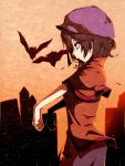  1girl bird black_hair cityscape crow hat highres jiangshi miyako_yoshika ofuda outstretched_arms red_eyes shika_miso short_hair skirt solo sunset touhou zombie_pose 