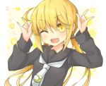  1girl ;d \m/ blonde_hair double_\m/ kantai_collection long_hair long_sleeves looking_at_viewer one_eye_closed open_mouth rateratte satsuki_(kantai_collection) school_uniform serafuku smile solo twintails wink yellow_eyes 