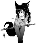  1girl animal_ears batta_(kanzume_quality) breasts fox_ears fox_tail leaning_forward long_hair looking_at_viewer monochrome original simple_background solo tail weapon white_background 