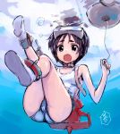  1girl black_hair blush goggles goggles_on_head kantai_collection kawakami_rokkaku looking_at_viewer maru-yu_(kantai_collection) open_mouth personification rough school_swimsuit short_hair solo swimsuit tears underwater white_school_swimsuit white_swimsuit 