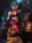  1girl asymmetrical_clothes bare_shoulders blue_hair bubble_blowing bullet fingerless_gloves flat_chest gloves gun highres jewelry jinx_(league_of_legends) league_of_legends long_hair navel necklace solo tattoo thigh-highs very_long_hair weapon 