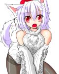  1girl animal_ears bare_shoulders black_legwear blush blush_stickers breasts detached_sleeves fang hat inubashiri_momiji looking_at_viewer lowres mutsuki_(suzumayu) open_mouth pom_pom_(clothes) red_eyes short_hair silver_hair solo tail tokin_hat touhou v_arms wolf_ears wolf_tail 