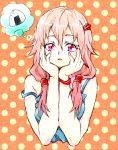  1girl bare_shoulders breasts food guilty_crown hair_ornament hairclip hands_on_own_face hungry long_hair onigiri open_mouth pink_hair red_eyes solo thinking twintails yuzuriha_inori 