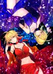  2girls ahoge alternate_costume bare_shoulders blonde_hair bracelet breasts choker cleavage fate/extra fate/stay_night fate_(series) flower green_eyes hachini hair_ribbon jewelry large_breasts lying midriff multiple_girls navel on_back parted_lips ribbon saber saber_extra 