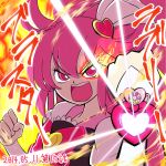  1girl aino_megumi clenched_hand cure_lovely fiery_background fire flaming_eye happinesscharge_precure! pink_eyes pink_hair ponytail precure solo watch yoshimune 