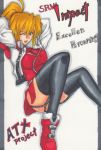  1girl ;d arms_behind_head blonde_hair blue_eyes boots breasts character_name colored_pencil_(medium) copyright_name english excellen_browning garter_straps j_a_m jacket large_breasts marker_(medium) one_eye_closed open_clothes open_jacket open_mouth ponytail smile solo super_robot_wars super_robot_wars_impact thigh-highs traditional_media wink 