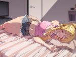  1girl absurdres bare_shoulders bed bedroom belt bible_black blonde_hair blush breasts cleavage closed_eyes curvy door highres large_breasts legs long_hair lying midriff navel nightmare_express on_side pillow ponytail saeki_kaori short_shorts shorts sleeping solo television thighs 