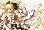  1girl ahoge armor armored_dress blonde_hair bow detached_sleeves dress fate/unlimited_codes fate_(series) flower gauntlets green_eyes hair_bow hair_ribbon kazutake_hazano lily_(flower) long_hair ponytail ribbon saber saber_lily solo sword weapon 