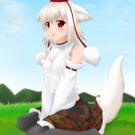  1girl animal_ears bare_shoulders black_legwear blush breasts detached_sleeves grass hat hiiiigo inubashiri_momiji looking_at_viewer midriff open_mouth pom_pom_(clothes) red_eyes short_hair silver_hair sitting sky solo tail tail_wagging tokin_hat touhou wariza wolf_ears wolf_tail 