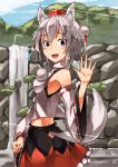  1girl animal_ears bare_shoulders blush breasts detached_sleeves hat hide448 inubashiri_momiji looking_at_viewer midriff nature open_mouth pom_pom_(clothes) red_eyes rock short_hair silver_hair sky solo tagme tail tokin_hat touhou tree water waterfall wolf_ears wolf_tail 