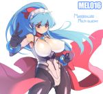  1girl blue_hair bodysuit bow breasts elbow_gloves fighting_stance gloves hair_bow large_breasts long_hair maid_headdress mel/a melmaid original pantyhose payot ponytail red_eyes revision solo 