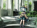  1girl bow frills green_eyes green_hair hat hat_bow kimagure_ringo komeiji_koishi oversized_clothes ruins solo third_eye touhou 