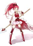  1girl anco_(melon85) boots brown_legwear detached_sleeves fan food full_body holding_weapon long_hair looking_at_viewer magical_girl mahou_shoujo_madoka_magica mouth_hold open_mouth polearm ponytail red_eyes redhead sakura_kyouko skirt solo spear standing thigh-highs weapon white_background zettai_ryouiki 