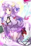  1girl blush book boots bow breasts cleavage crescent crystal flask hair_bow hat highres hijiri-ssh large_breasts long_hair magic_circle patchouli_knowledge purple_hair purple_legwear round-bottom_flask solo thigh-highs touhou violet_eyes 
