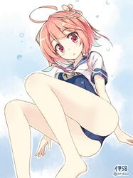  1girl ahoge artist_name ass bare_legs bare_shoulders blush character_name from_below hair_ornament i-58_(kantai_collection) kantai_collection looking_at_viewer looking_down open_mouth orda pink_eyes pink_hair sailor_collar school_swimsuit short_hair solo swimsuit 