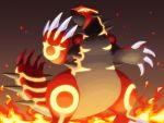  claws glowing glowing_eyes groudon molten_rock monster nekomissile no_humans omega_symbol pokemon pokemon_(creature) pokemon_(game) pokemon_oras primal_groudon sharp_teeth solo spikes tail 