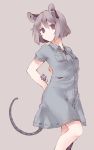  1girl akagashi_hagane alternate_costume alternate_eye_color animal animal_ears dress grey_dress grey_hair jewelry looking_at_viewer mouse mouse_ears mouse_tail nazrin necklace pink_eyes pocket short_hair short_sleeves simple_background solo tail touhou 
