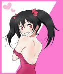  1girl black_hair blush double_strap_slip dress eleven929rr from_behind grin heart looking_back love_live!_school_idol_project red_eyes smile solo strap_slip twintails yazawa_nico 