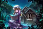 1girl absurdres blonde_hair blue_eyes book bow dress forest hand_in_hair highres house light_smile long_hair long_sleeves maribel_hearn mob_cap myero nature night open_book outdoors reading shoes sitting sky solo touhou yokozuwari 