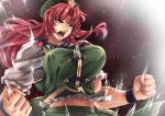  1girl blue_eyes braid breasts bust clenched_hand hat hong_meiling kinntarou large_breasts long_hair navel open_mouth redhead ribbon solo star touhou twin_braids wristband 