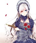  1girl antique_firearm blue_eyes bow dress firearm firelock flower frilled_dress frills gothic_lolita gun heterochromia honata lolita_fashion long_hair maid_headdress original petals pistol puffy_sleeves red_eyes rose rose_petals solo weapon white_hair 