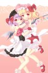  2girls alternate_costume alternate_hairstyle aogiri_sei apron bare_shoulders bat_wings blonde_hair bloomers bow enmaided fang flandre_scarlet hair_bow hug looking_at_viewer maid maid_headdress multiple_girls off_shoulder open_mouth purple_hair red_eyes remilia_scarlet shirt siblings side_ponytail sisters skirt smile touhou twintails underwear waist_apron wings wrist_cuffs 