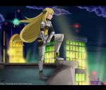  1girl armor blonde_hair bodysuit building city hairclip high_heels long_hair night pokemon sakurahimeart shirona_(pokemon) very_long_hair 