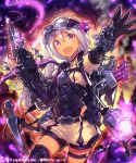  1girl arm_up arrow blush bow_(weapon) claws crossbow gloves goggles goggles_on_head looking_at_viewer mckeee open_mouth original pickaxe shingeki_no_bahamut short_hair shorts side_ponytail silver_hair smile solo violet_eyes weapon 