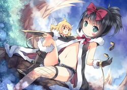  2girls belt black_gloves black_hair blonde_hair blush blush_stickers board_game boots bow bracelet bridal_gauntlets character_request dagger dutch_angle fairy fishnet_legwear fishnets fur_trim gloves green_eyes hair_bow heart holding jewelry kunihiro_hajime mahjong mahjong_tile multiple_girls navel outdoors ponytail saki saru shorts sitting smile tears triangle_mouth undone_belt weapon wings 