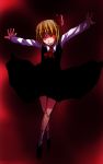  1girl ascot blonde_hair crossed_legs dress floating glowing glowing_eyes hair_ribbon highres long_sleeves looking_at_viewer neko_zukin open_mouth outstretched_arms red_eyes ribbon rumia shirt shoes short_hair sketch socks spread_arms this_is_it touhou white_legwear 