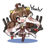  &gt;_o 1girl ahoge brown_eyes brown_hair chibi detached_sleeves hairband headgear japanese_clothes kantai_collection kongou_(kantai_collection) long_hair mtu_(orewamuzituda) nontraditional_miko open_mouth personification simple_background skirt solo thigh-highs turret white_background wink 