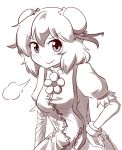  bandages breath chinese_clothes cuffs flower hand_on_hip highres ibaraki_kasen looking_at_viewer manacles monochrome puffy_sleeves smile touhou wool_(miwol) 
